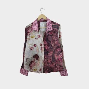 Cino Petite Large PL Button UpShirt Long Sleeve Cotton Floral Womens